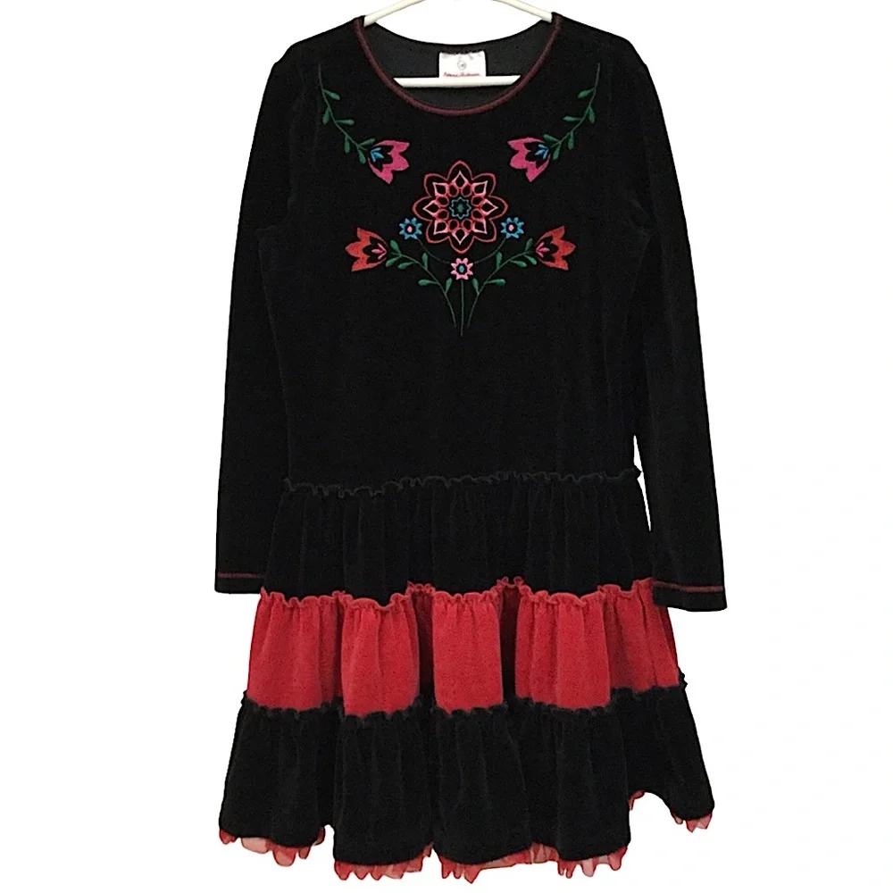 HANNAH ANDERSSON sz 10 Dress Embroidered Flowers Velour Long Sleeve Black Red +